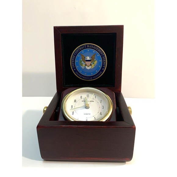 Stuart Austin Quartz Clock Captains Desk Wooden Hinged Box Dept Defense Emblem - Picture 2 of 11